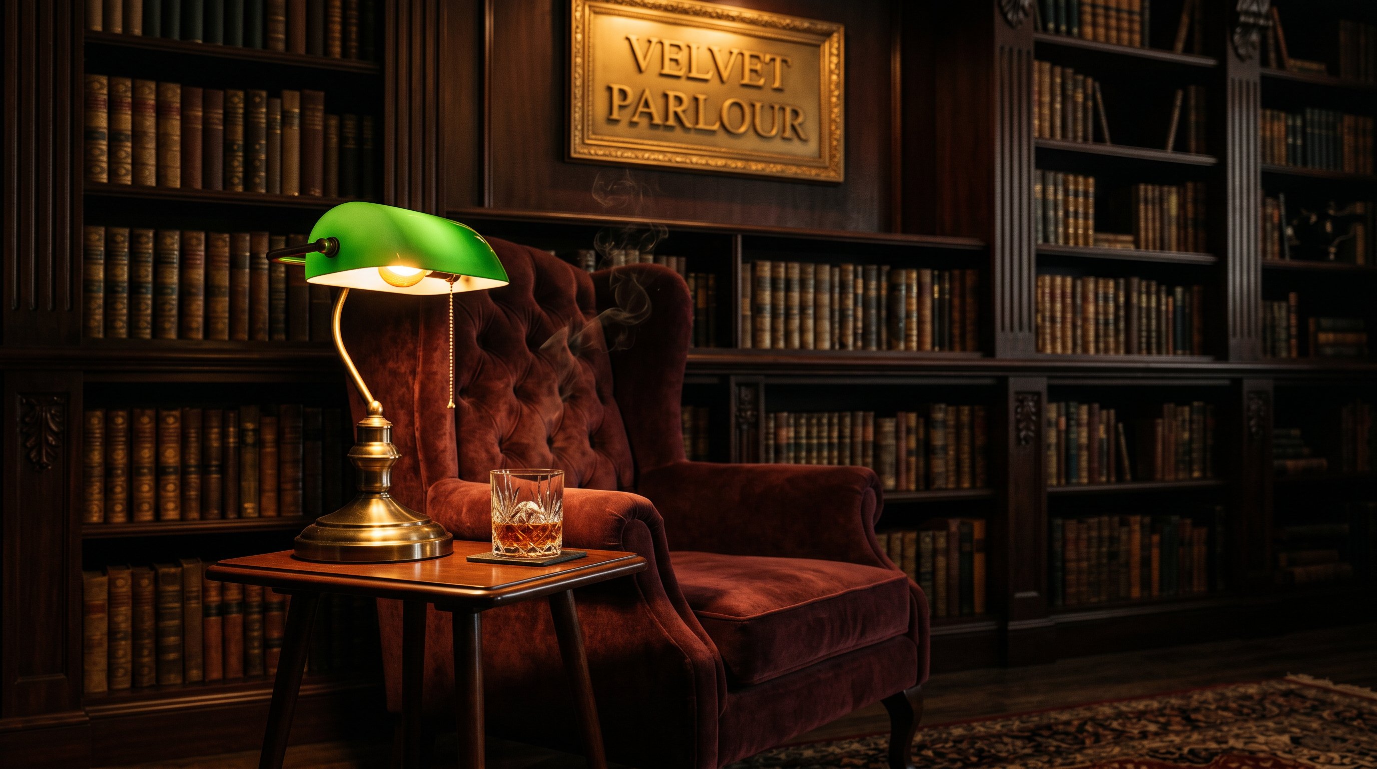The Velvet Parlour — a dimly lit library with velvet wingback chair, banker's lamp, and leather-bound books